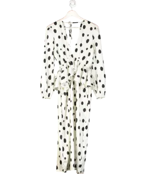 White Polka Dot Jacquard Ruffle Midi Dress UK S