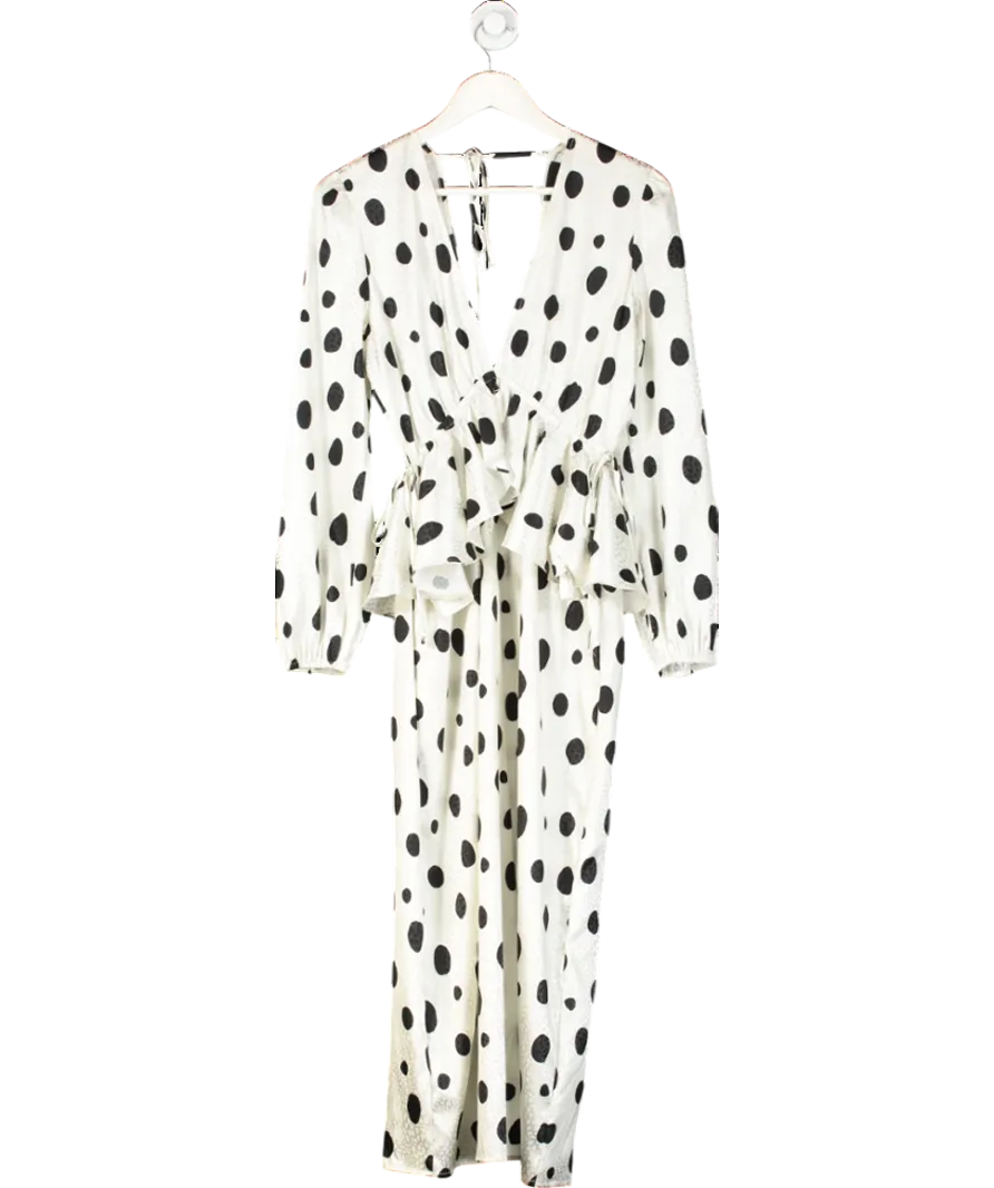 White Polka Dot Jacquard Ruffle Midi Dress UK S