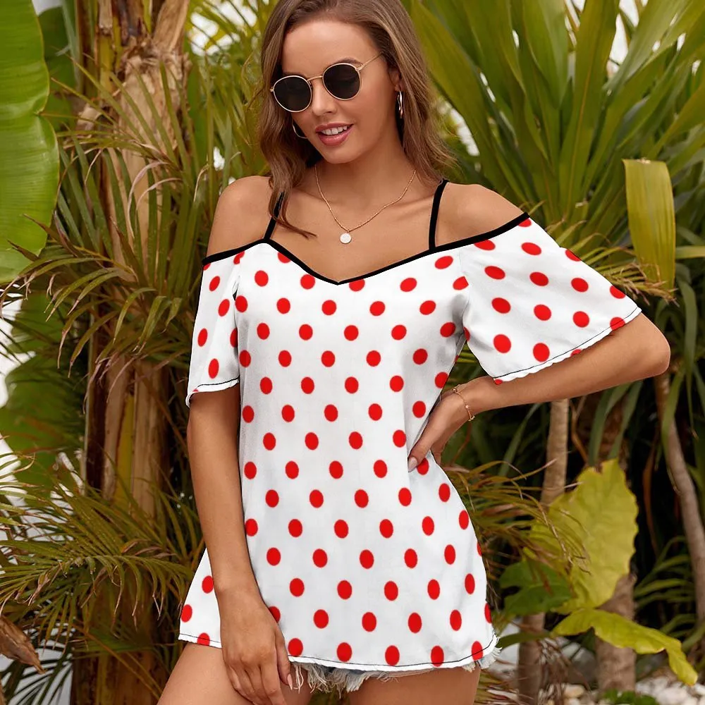 White With Red Polka Dots Women's Off-Shoulder Cold Shoulder Camisole Top