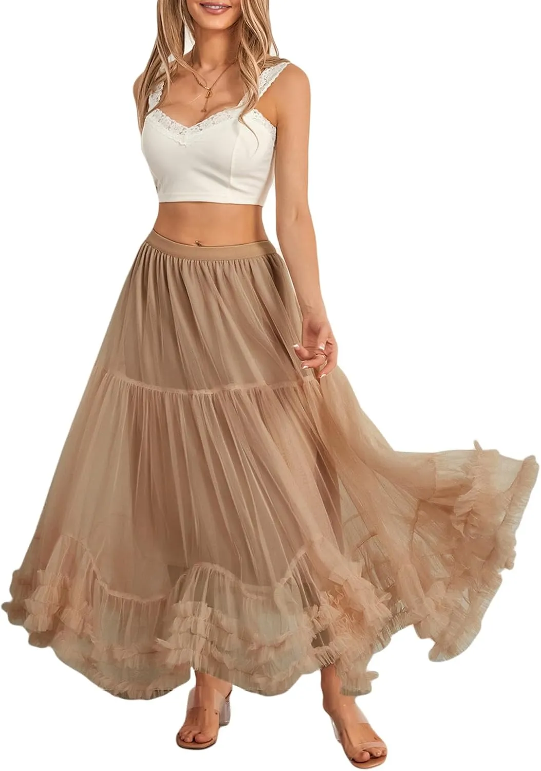 Woman Summer Solid Color Tulle Skirt Elastic Waist A-Line Ruffled Maxi Skirt Flowy Layered Lace Hem Long Skirt