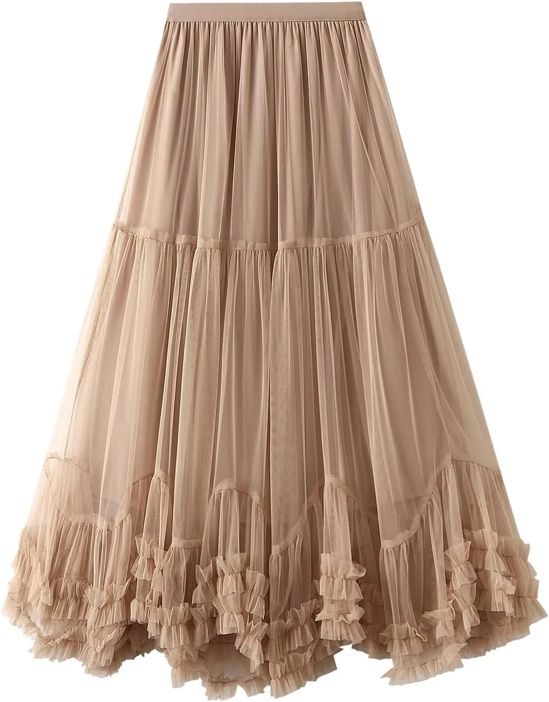 Woman Summer Solid Color Tulle Skirt Elastic Waist A-Line Ruffled Maxi Skirt Flowy Layered Lace Hem Long Skirt