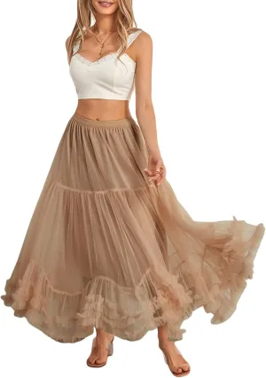 Woman Summer Solid Color Tulle Skirt Elastic Waist A-Line Ruffled Maxi Skirt Flowy Layered Lace Hem Long Skirt