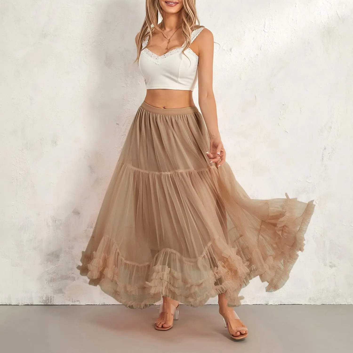 Woman Summer Solid Color Tulle Skirt Elastic Waist A-Line Ruffled Maxi Skirt Flowy Layered Lace Hem Long Skirt