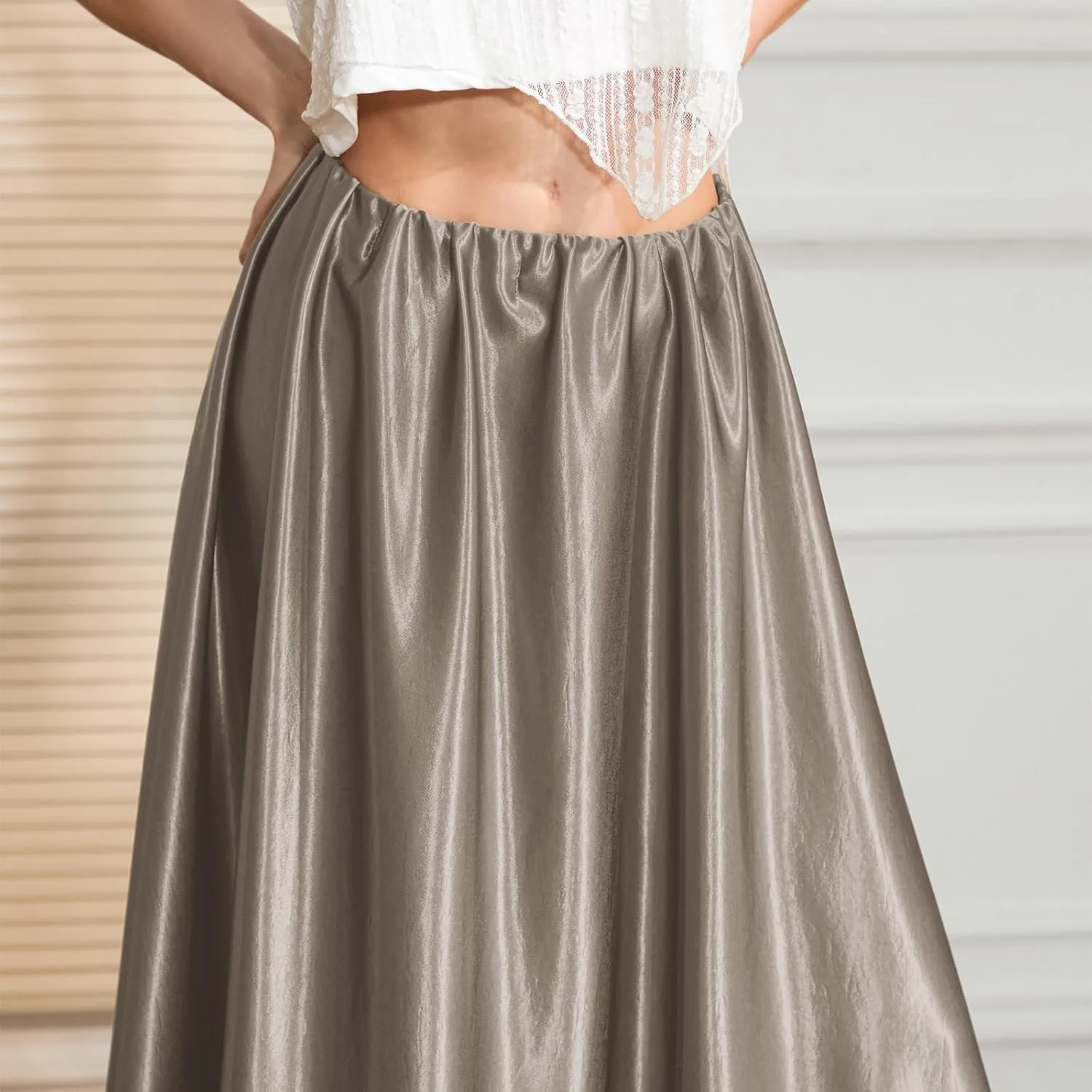 Women A-Line Pleated Maxi Silk Skirts Satin Long Flowy Work Party Cocktail Midi Skirt