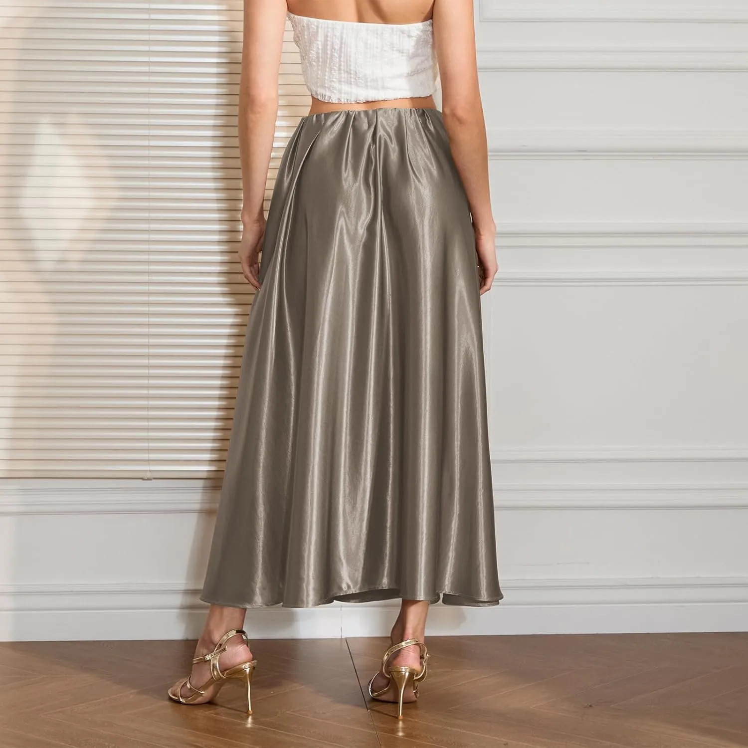Women A-Line Pleated Maxi Silk Skirts Satin Long Flowy Work Party Cocktail Midi Skirt