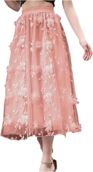 Women A Line Tulle Midi Skirt Tutu Tiered Petticoat Tea-Length Elastic Waist Skirts Flower Applique Fairy Flowy Skirt