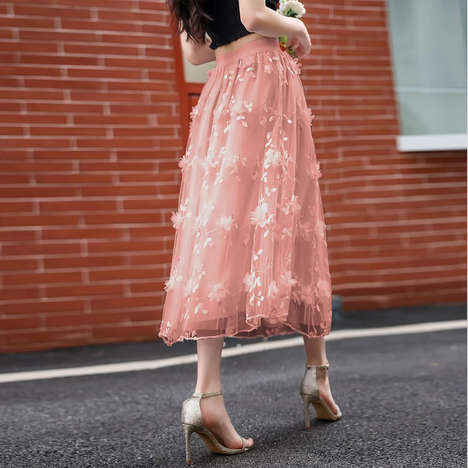 Women A Line Tulle Midi Skirt Tutu Tiered Petticoat Tea-Length Elastic Waist Skirts Flower Applique Fairy Flowy Skirt