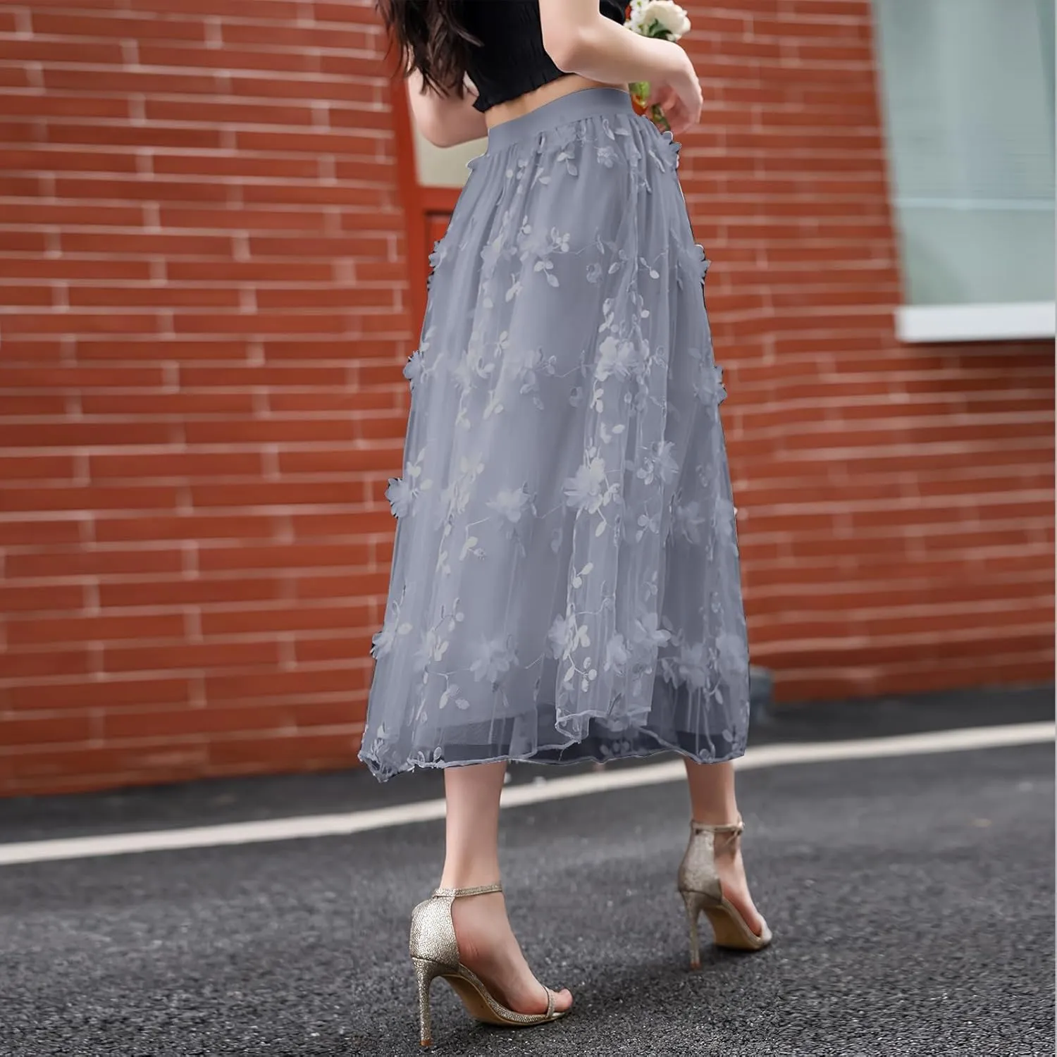 Women A Line Tulle Midi Skirt Tutu Tiered Petticoat Tea-Length Elastic Waist Skirts Flower Applique Fairy Flowy Skirt