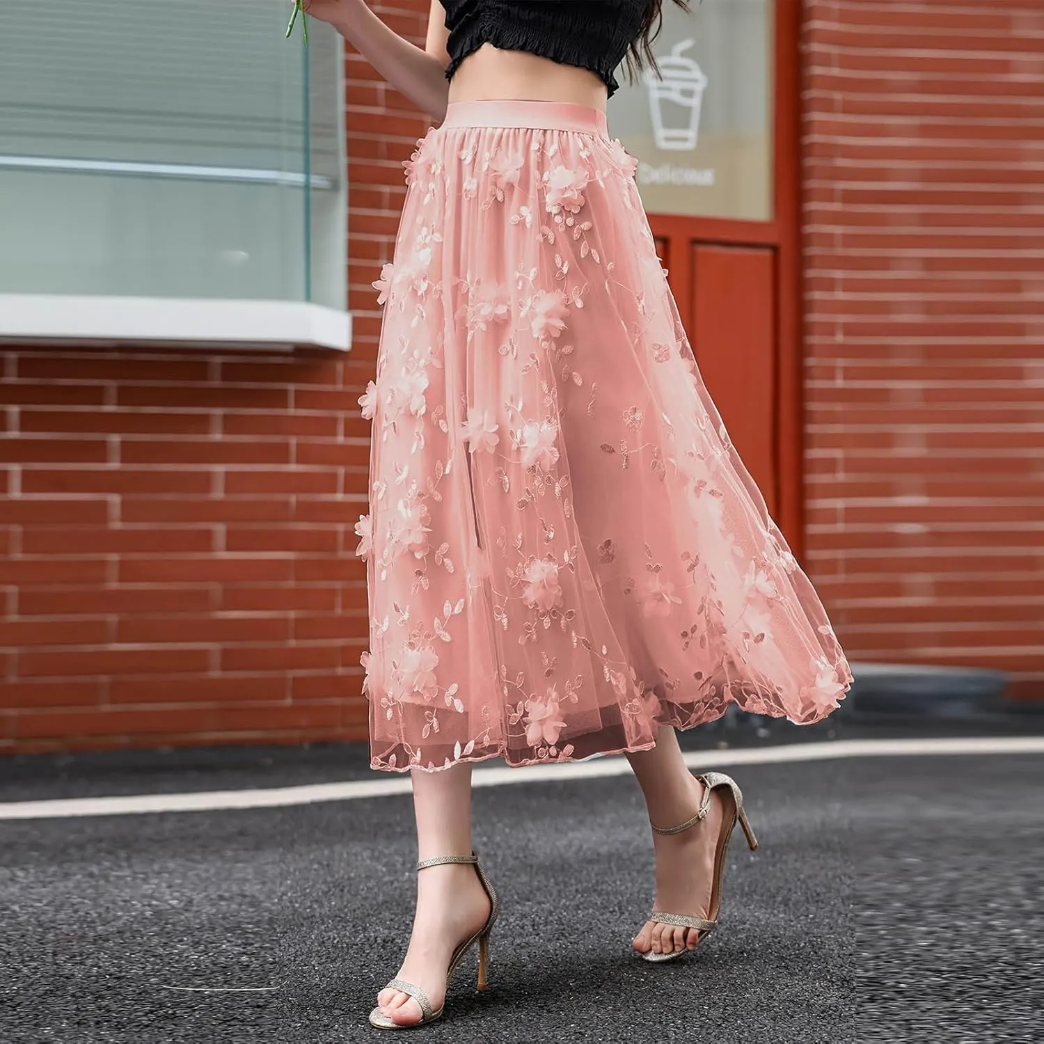 Women A Line Tulle Midi Skirt Tutu Tiered Petticoat Tea-Length Elastic Waist Skirts Flower Applique Fairy Flowy Skirt