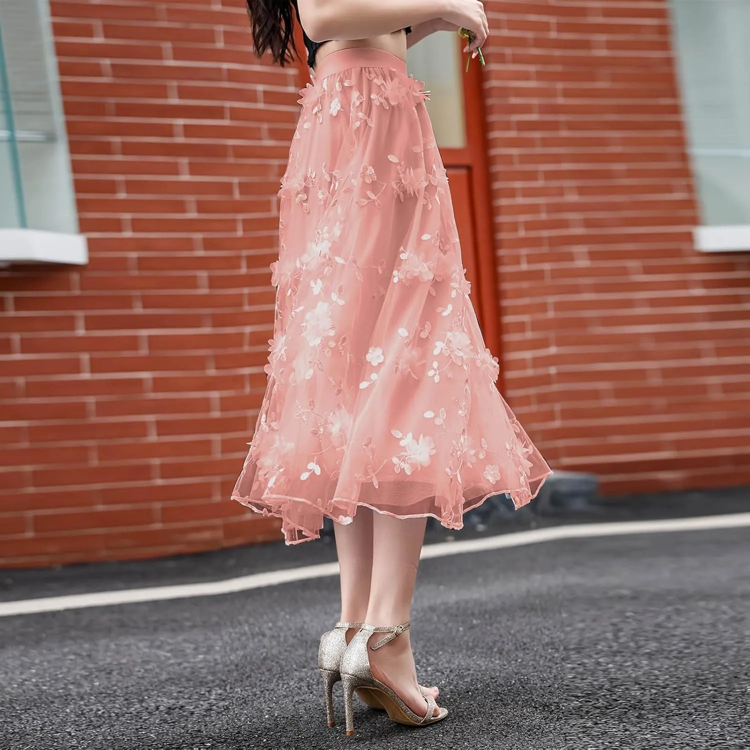 Women A Line Tulle Midi Skirt Tutu Tiered Petticoat Tea-Length Elastic Waist Skirts Flower Applique Fairy Flowy Skirt