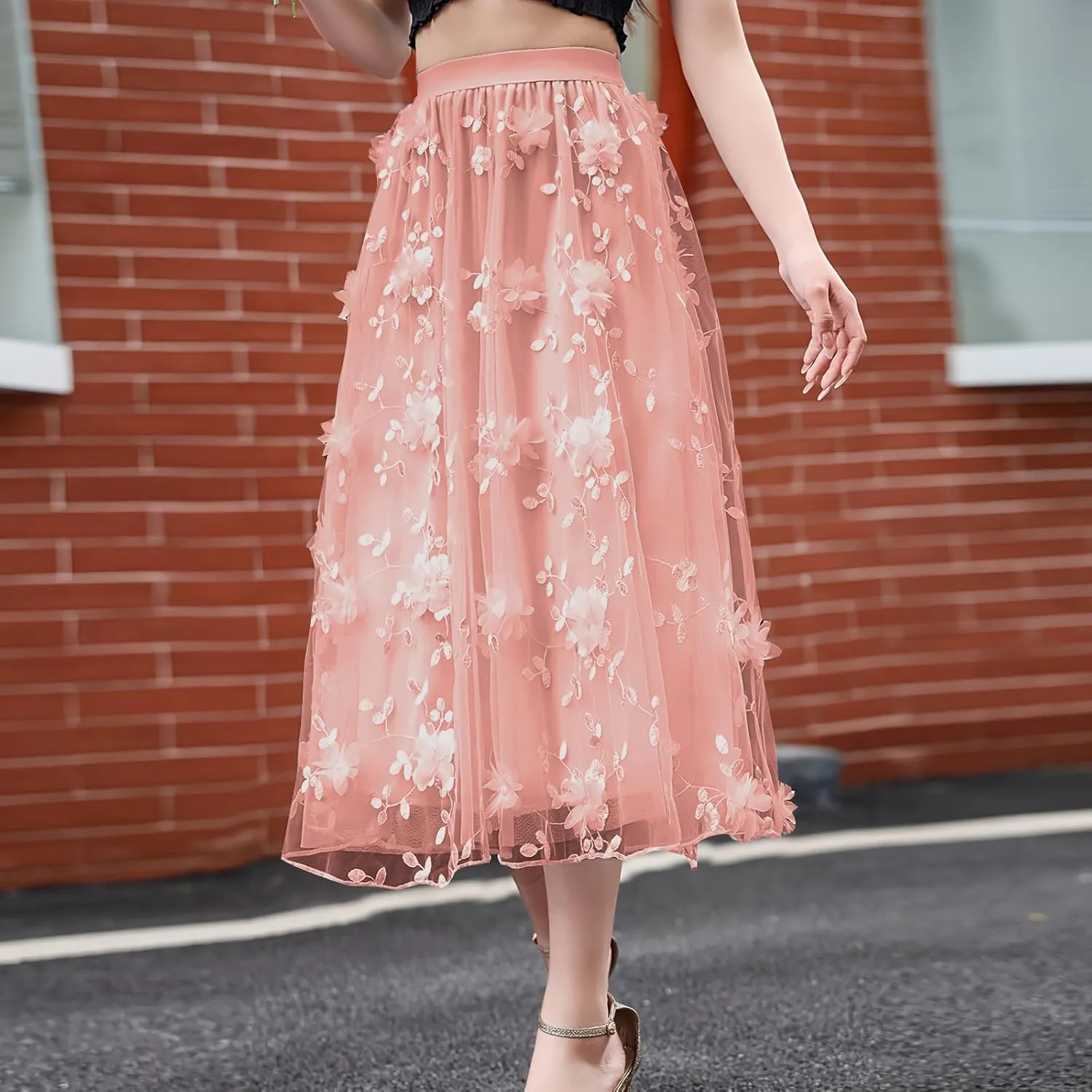Women A Line Tulle Midi Skirt Tutu Tiered Petticoat Tea-Length Elastic Waist Skirts Flower Applique Fairy Flowy Skirt