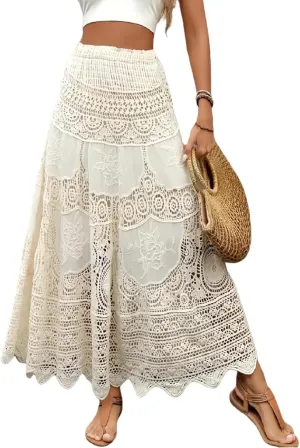 Women Bohemia Long Skirts Beach Vintage Crochet Hollow Out High Waist Skirt A-Line Ruffled Elastic Knit Skirts
