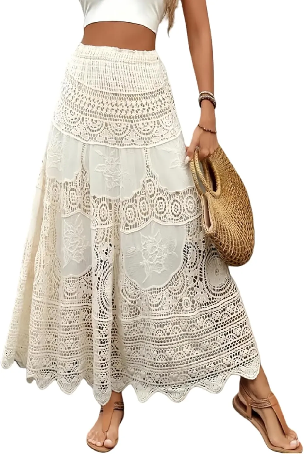 Women Bohemia Long Skirts Beach Vintage Crochet Hollow Out High Waist Skirt A-Line Ruffled Elastic Knit Skirts