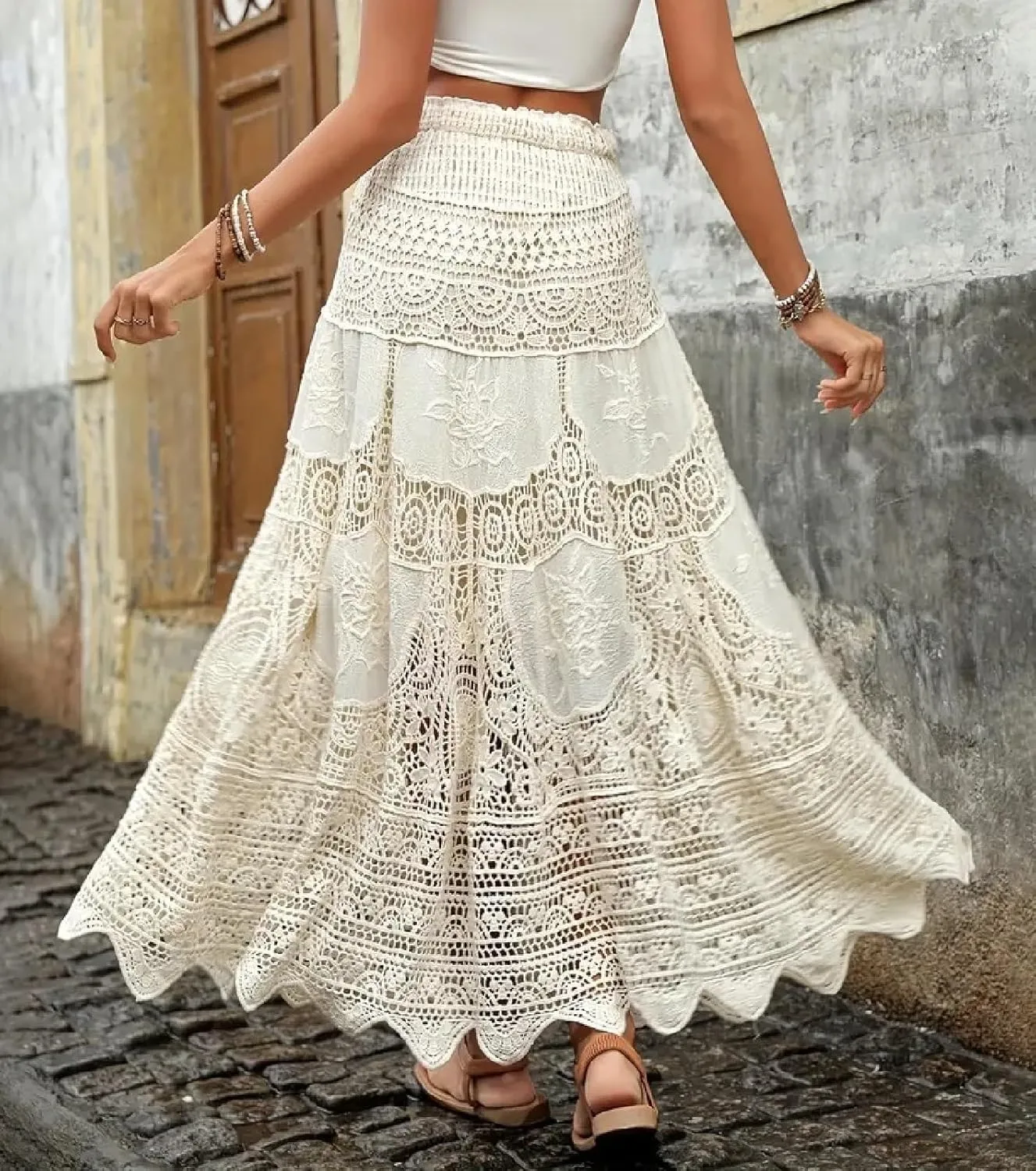 Women Bohemia Long Skirts Beach Vintage Crochet Hollow Out High Waist Skirt A-Line Ruffled Elastic Knit Skirts