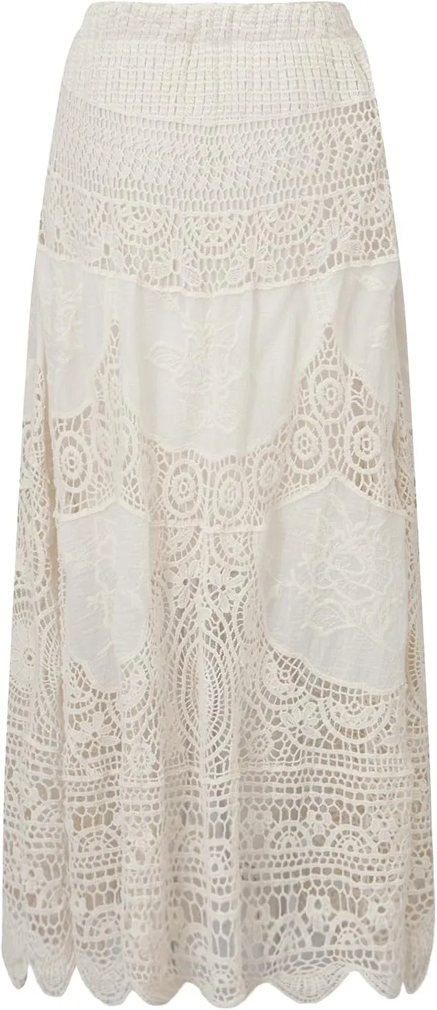 Women Bohemia Long Skirts Beach Vintage Crochet Hollow Out High Waist Skirt A-Line Ruffled Elastic Knit Skirts