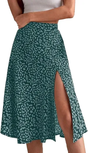Women Boho Floral Skirts Slit Summer Flowy Split Maxi Skirt Lightweight High Waist A Line Skirts Beach Clothes