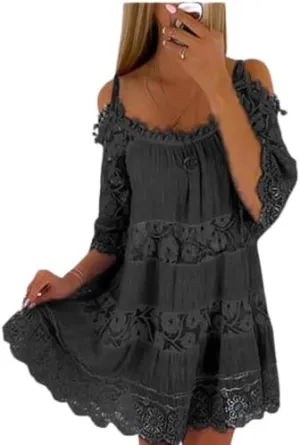 Women Boho Lace Floral Cold Shoulder Midi Dress Spaghetti Strap Half Sleeve Casual Flowy Beach Vacation Dress