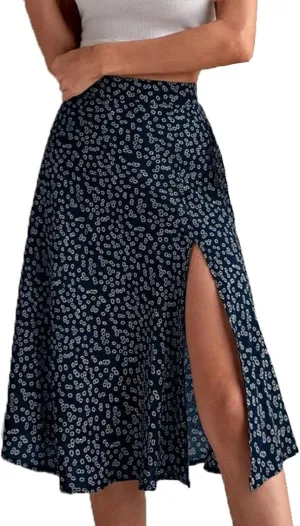 Women Boho Long Skirts Casual High Waist Floral Print Skirt Low Split Summer Beach Midi Wrap Skirts