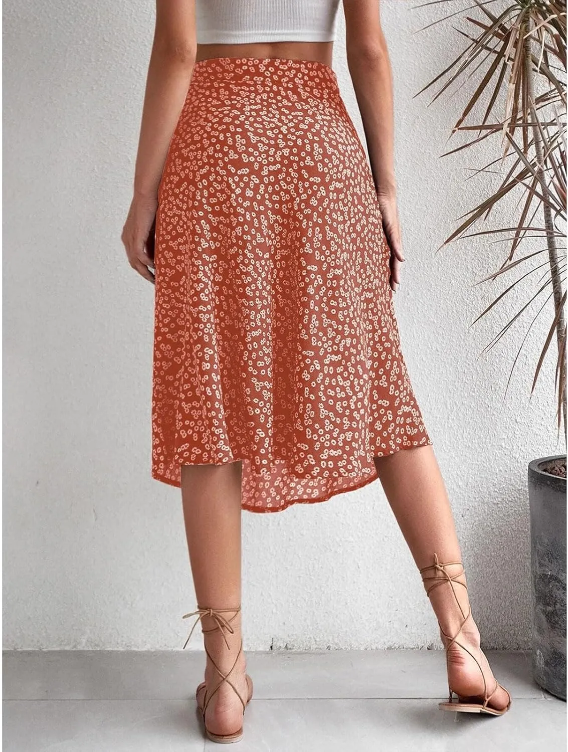 Women Boho Long Skirts Casual High Waist Floral Print Skirt Low Split Summer Beach Midi Wrap Skirts