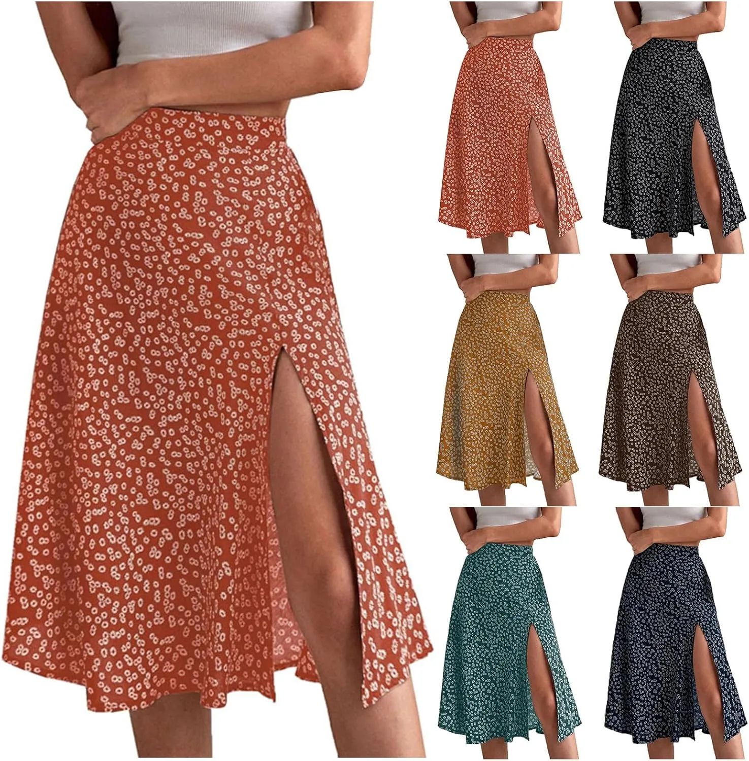Women Boho Long Skirts Casual High Waist Floral Print Skirt Low Split Summer Beach Midi Wrap Skirts