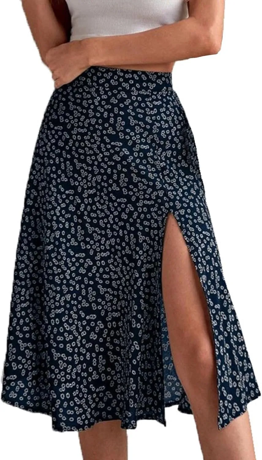 Women Boho Long Skirts Casual High Waist Floral Print Skirt Low Split Summer Beach Midi Wrap Skirts