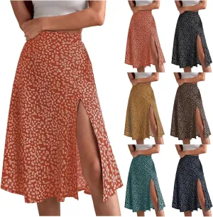 Women Boho Long Skirts Casual High Waist Floral Print Skirt Low Split Summer Beach Midi Wrap Skirts