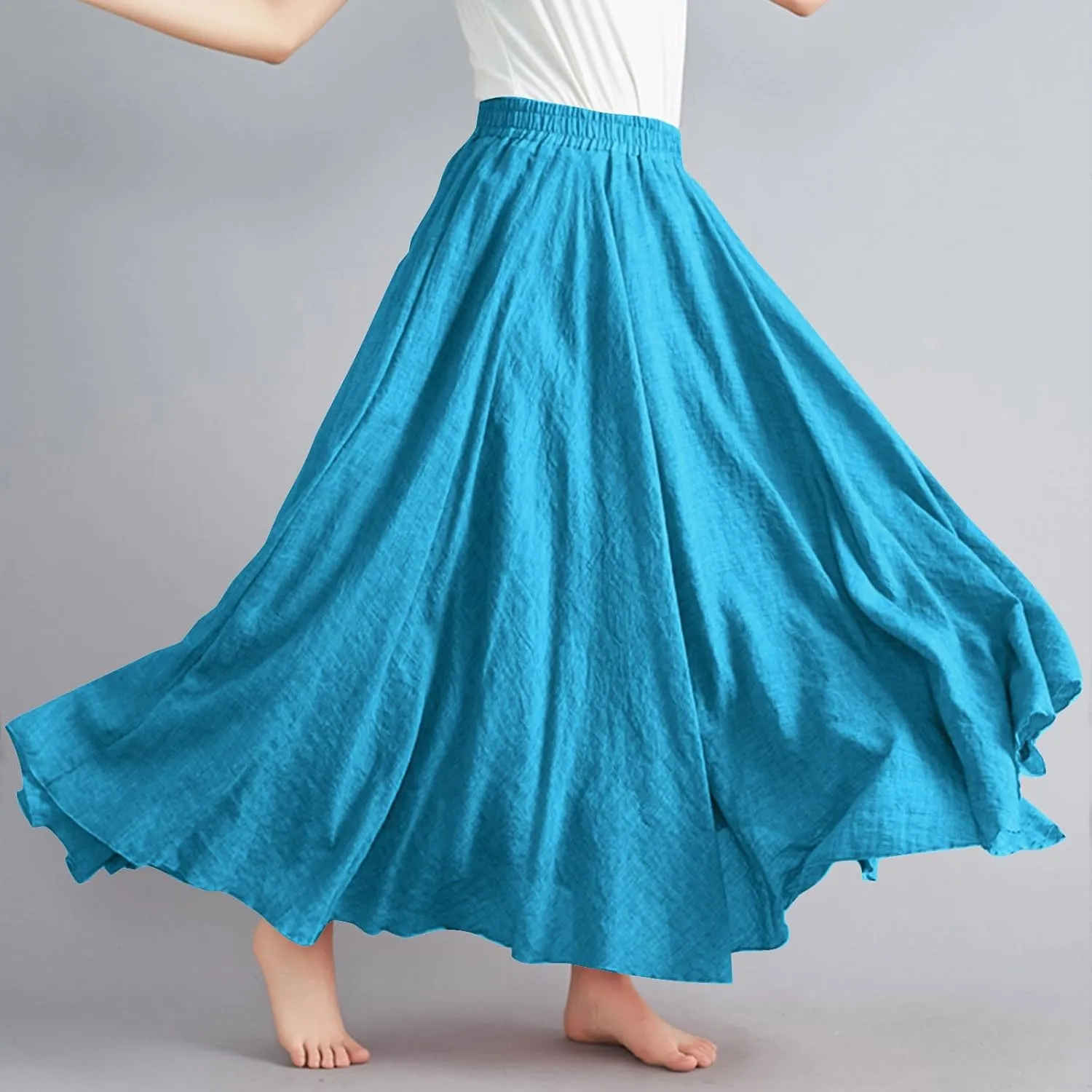 Women Casual Maxi Skirt Flowy Plus Size Elastic Waist High Waisted Swing Hem Swing Solid Color A Line Skirts