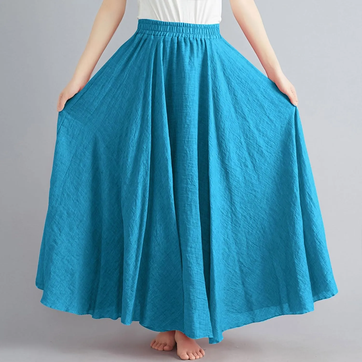 Women Casual Maxi Skirt Flowy Plus Size Elastic Waist High Waisted Swing Hem Swing Solid Color A Line Skirts