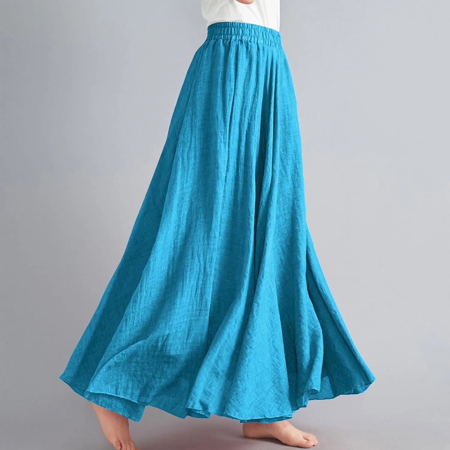 Women Casual Maxi Skirt Flowy Plus Size Elastic Waist High Waisted Swing Hem Swing Solid Color A Line Skirts