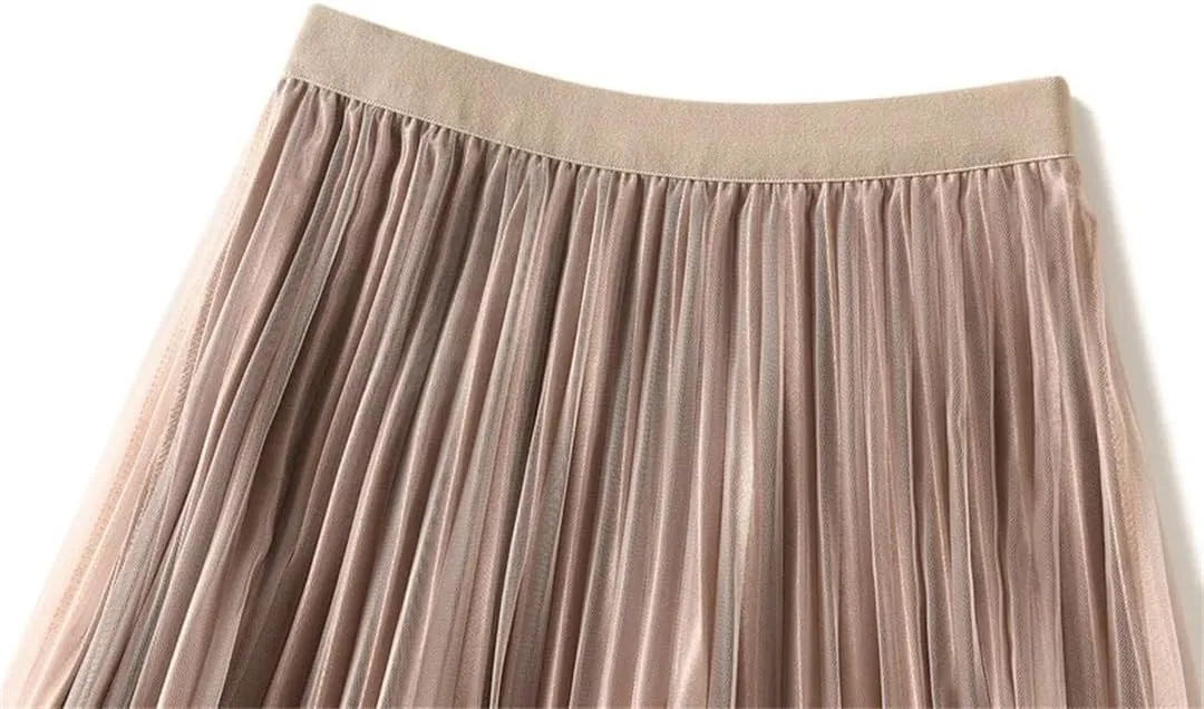 Women Casual Pleated Tull Skirt Solid Double-Sided Mesh Midi Pleated Skirts Spring Summer