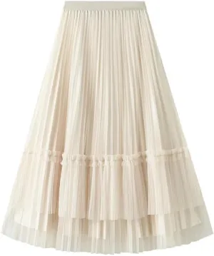 Women Casual Pleated Tull Skirt Solid Double-Sided Mesh Midi Pleated Skirts Spring Summer