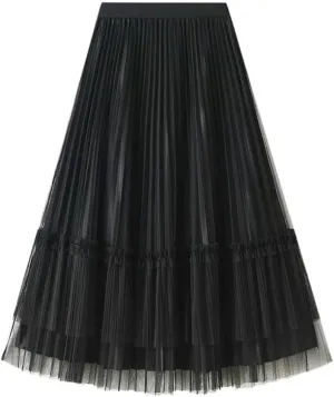 Women Casual Pleated Tull Skirt Solid Double-Sided Mesh Midi Pleated Skirts Spring Summer