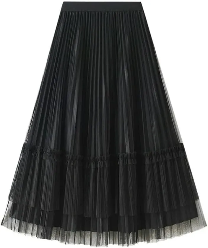Women Casual Pleated Tull Skirt Solid Double-Sided Mesh Midi Pleated Skirts Spring Summer