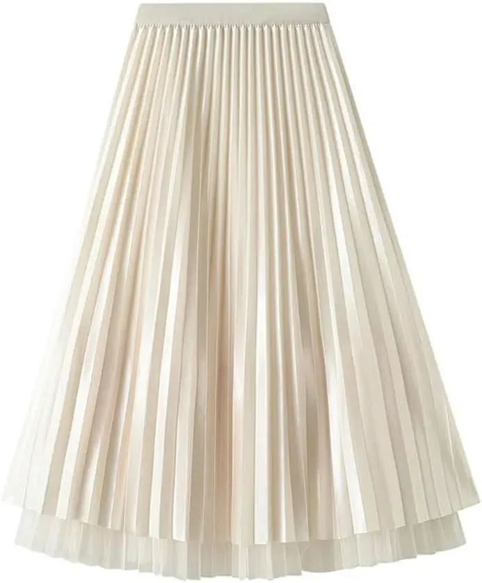 Women Casual Pleated Tull Skirt Solid Double-Sided Mesh Midi Pleated Skirts Spring Summer