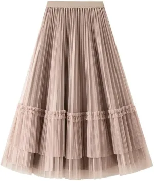 Women Casual Pleated Tull Skirt Solid Double-Sided Mesh Midi Pleated Skirts Spring Summer
