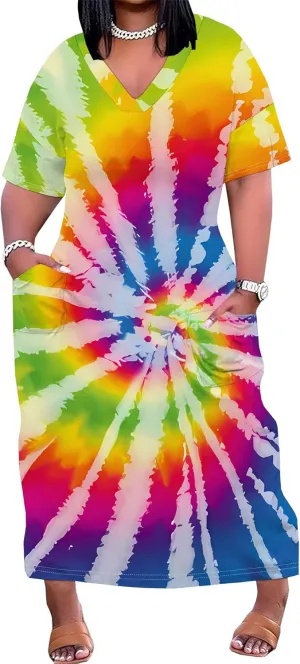 Women Casual T-Shirt Dress V Neck Short Sleeve with Front Two Pockets Solid Color Oversize Dresses
