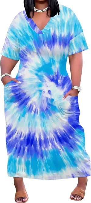 Women Casual T-Shirt Dress V Neck Short Sleeve with Front Two Pockets Solid Color Oversize Dresses