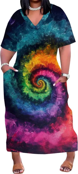 Women Casual T-Shirt Dress V Neck Short Sleeve with Front Two Pockets Solid Color Oversize Dresses