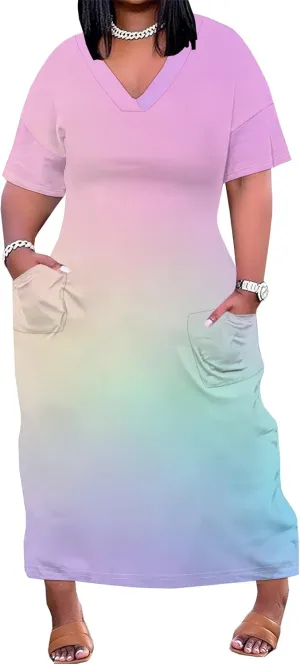 Women Casual T-Shirt Dress V Neck Short Sleeve with Front Two Pockets Solid Color Oversize Dresses