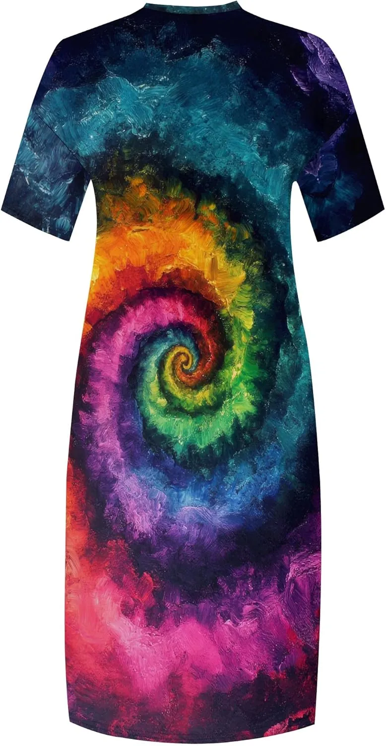 Women Casual T-Shirt Dress V Neck Short Sleeve with Front Two Pockets Solid Color Oversize Dresses