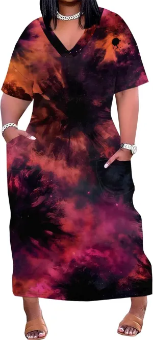 Women Casual T-Shirt Dress V Neck Short Sleeve with Front Two Pockets Solid Color Oversize Dresses