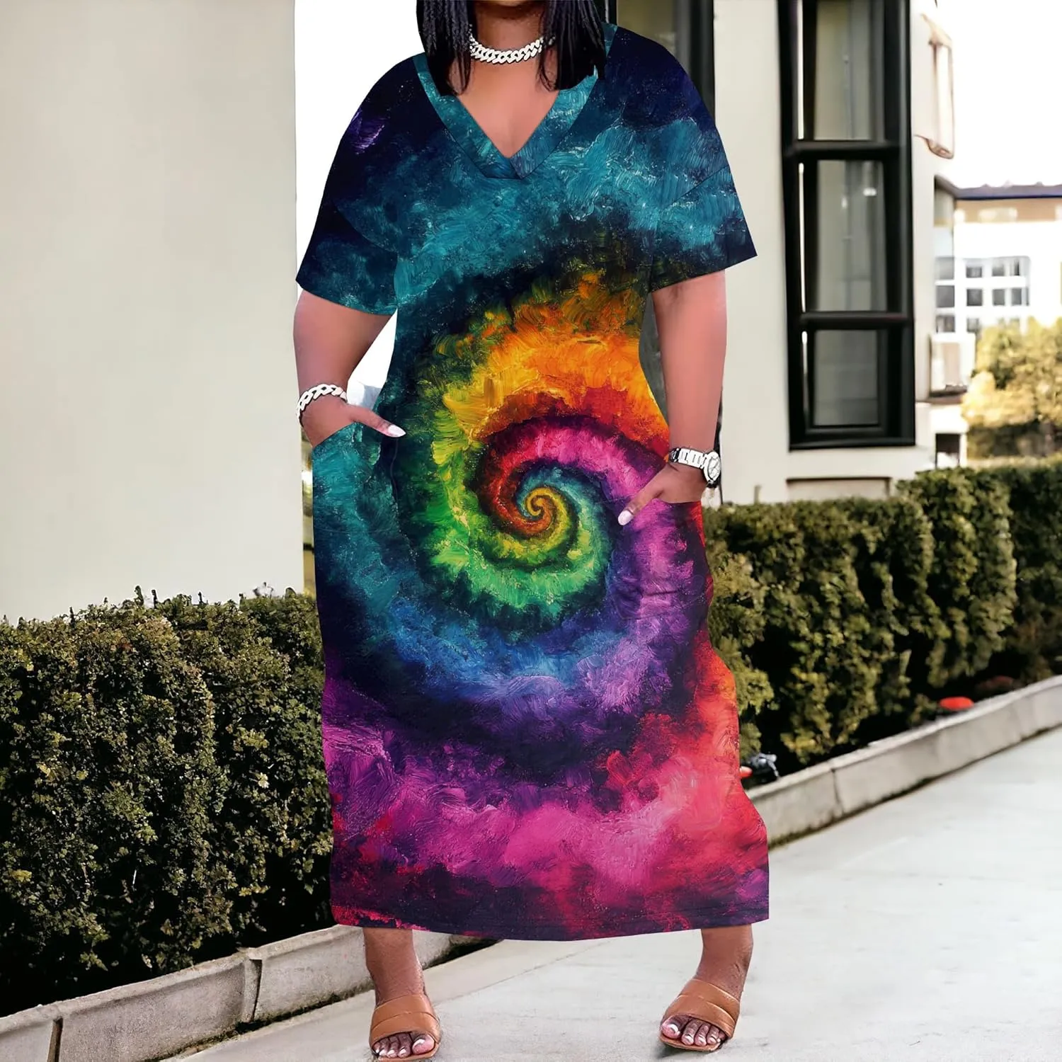 Women Casual T-Shirt Dress V Neck Short Sleeve with Front Two Pockets Solid Color Oversize Dresses