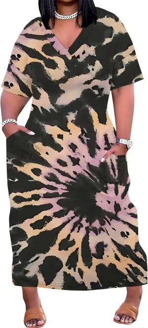 Women Casual T-Shirt Dress V Neck Short Sleeve with Front Two Pockets Solid Color Oversize Dresses
