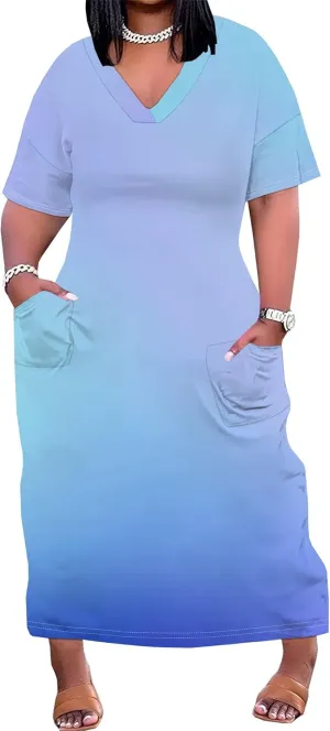 Women Casual T-Shirt Dress V Neck Short Sleeve with Front Two Pockets Solid Color Oversize Dresses