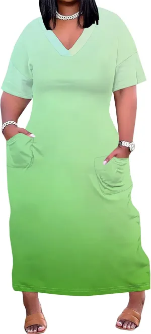 Women Casual T-Shirt Dress V Neck Short Sleeve with Front Two Pockets Solid Color Oversize Dresses