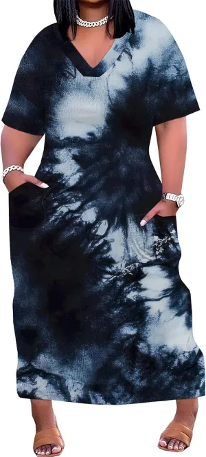 Women Casual T-Shirt Dress V Neck Short Sleeve with Front Two Pockets Solid Color Oversize Dresses