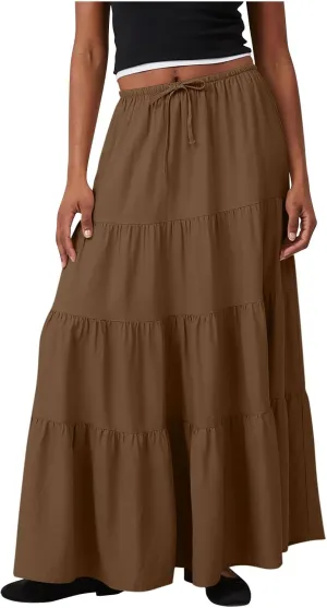 Women Casual Tiered Maxi Skirt Flowy Swing Pleated Beach Long Skirts Summer Elastic High Waisted A Line Mini Skirt