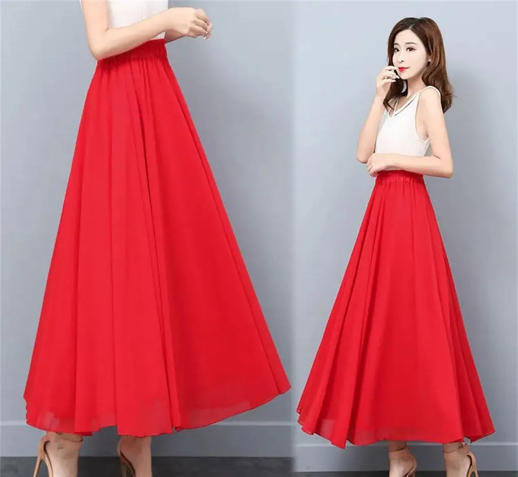 Women Chiffon Long Skirt Spring Summer Office Lady All-Match High Waist Slim Casual Midi Skirts