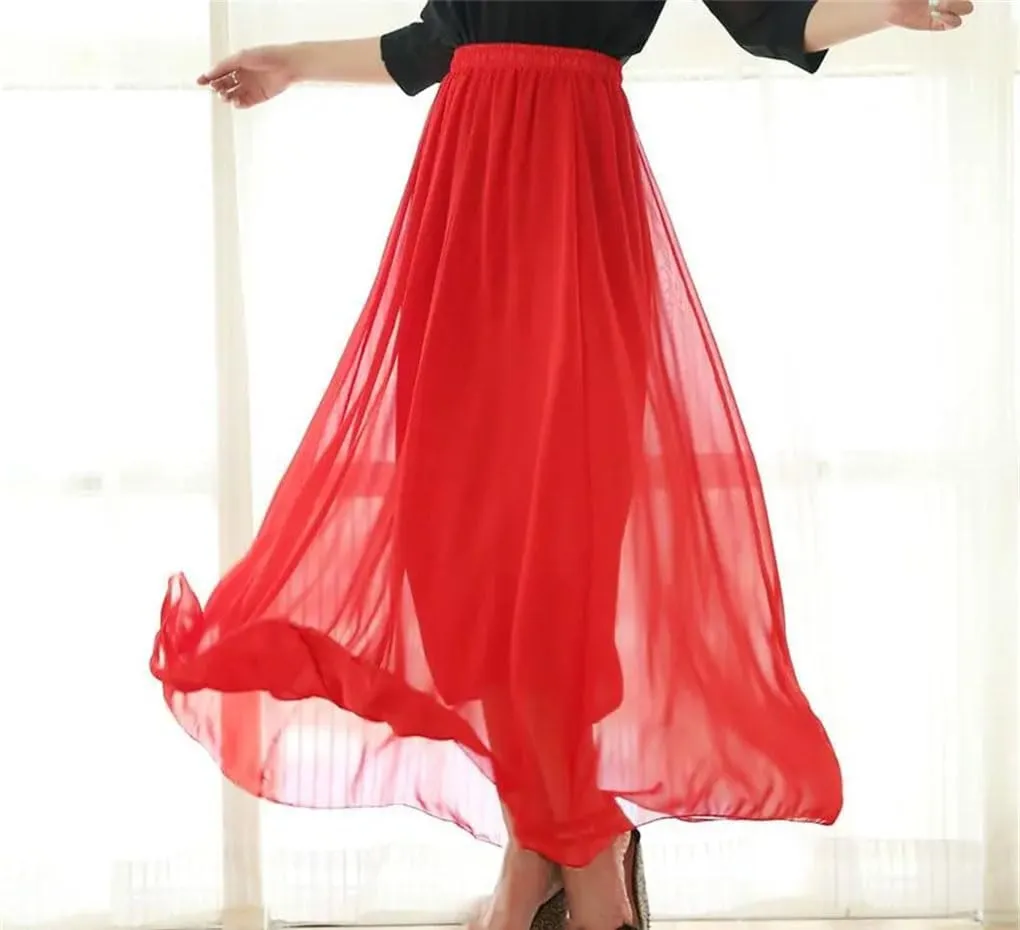 Women Chiffon Long Skirt Spring Summer Office Lady All-Match High Waist Slim Casual Midi Skirts