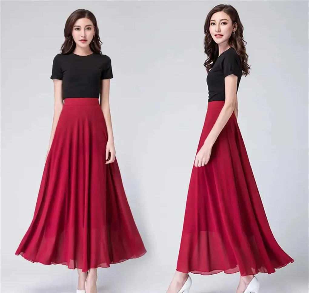 Women Chiffon Long Skirt Spring Summer Office Lady All-Match High Waist Slim Casual Midi Skirts
